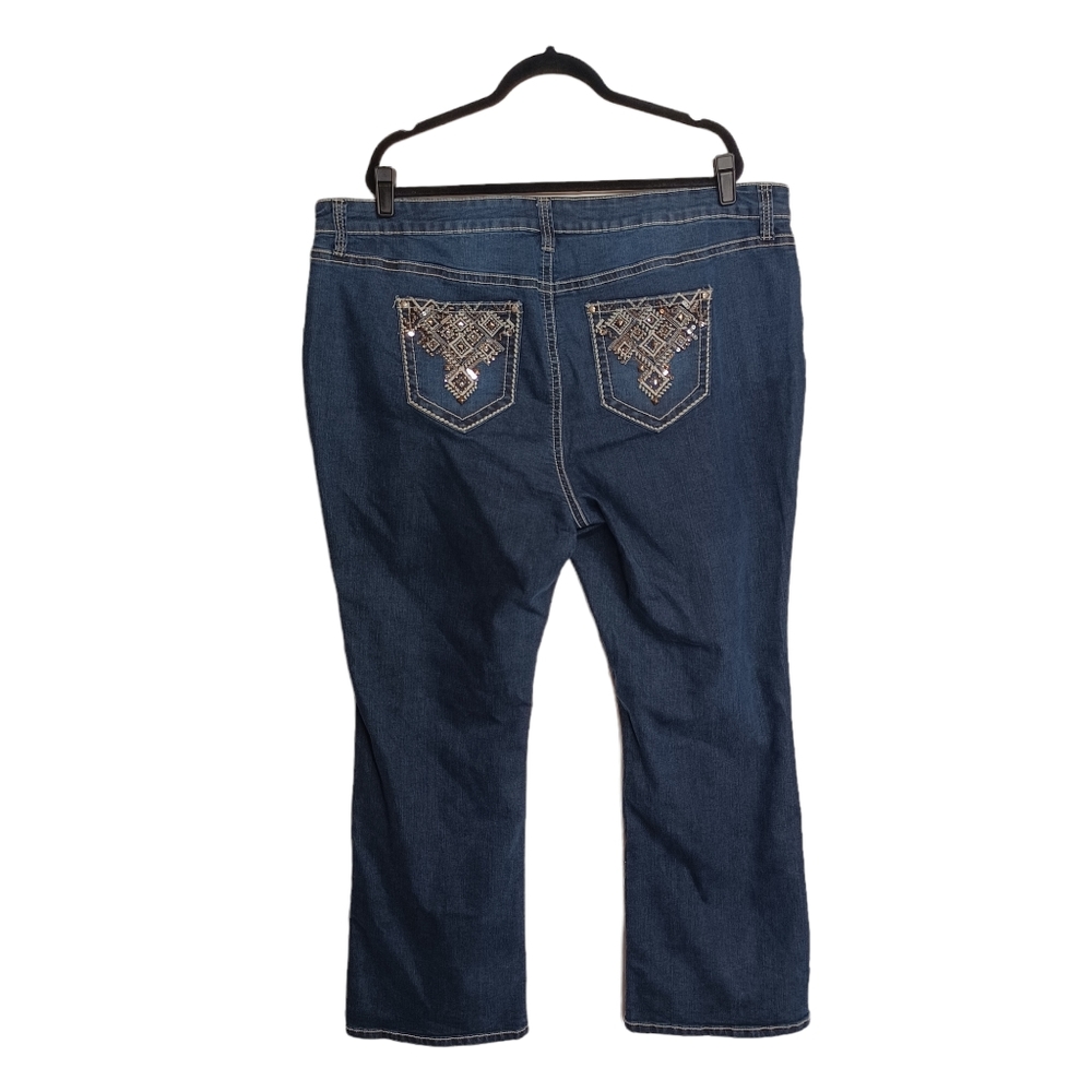 ZANADI Dark Medium Blue Cream Stitch Studded Embroidered Pocket Jeans 22W